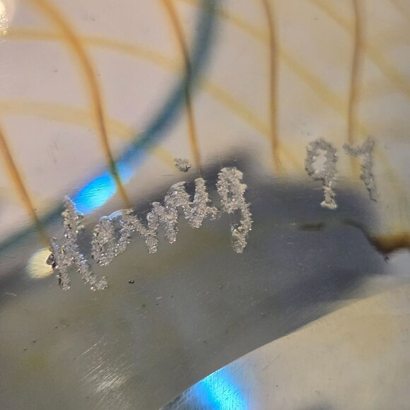 Signed Hand-Blown Blue Glass Vase With Yellow Swirl & Bubble Design By D. Karnig - Picture 5 of 6